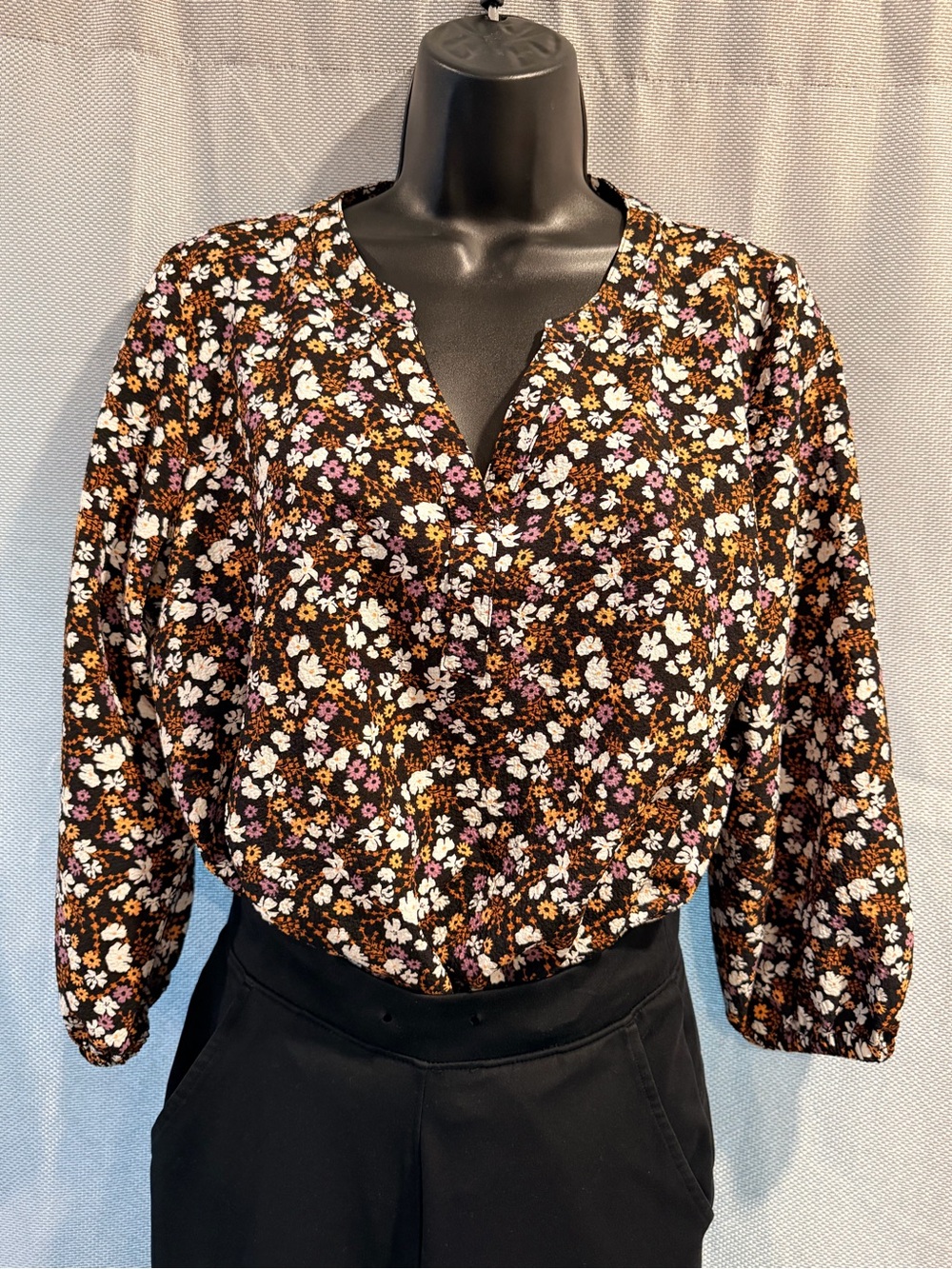 Denver Hayes Black Floral V-Neck Blouse with White & Pink Flowers
